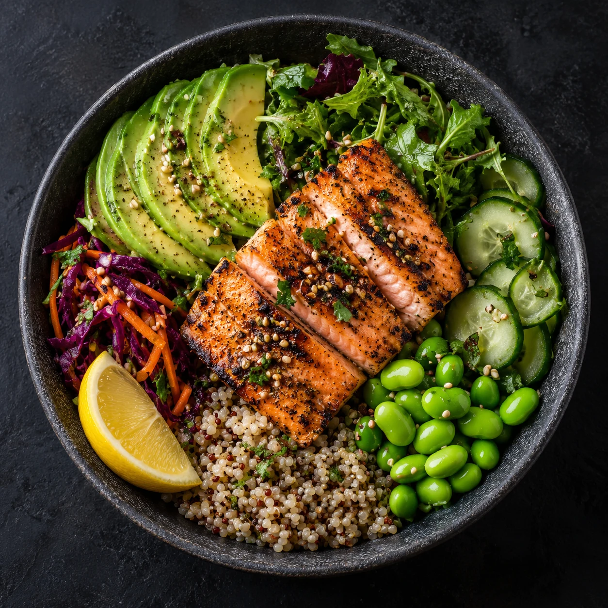 Salmon, grains and vegetables in a colourful meal bowl