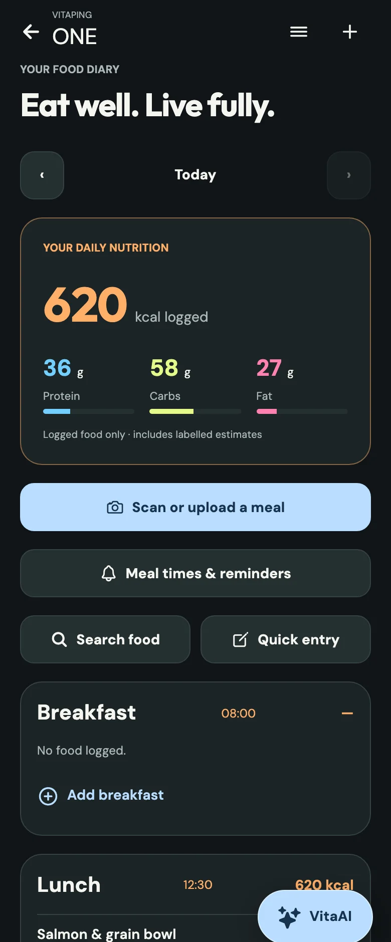 Actual ONE food diary interface with fictional example nutrition data
